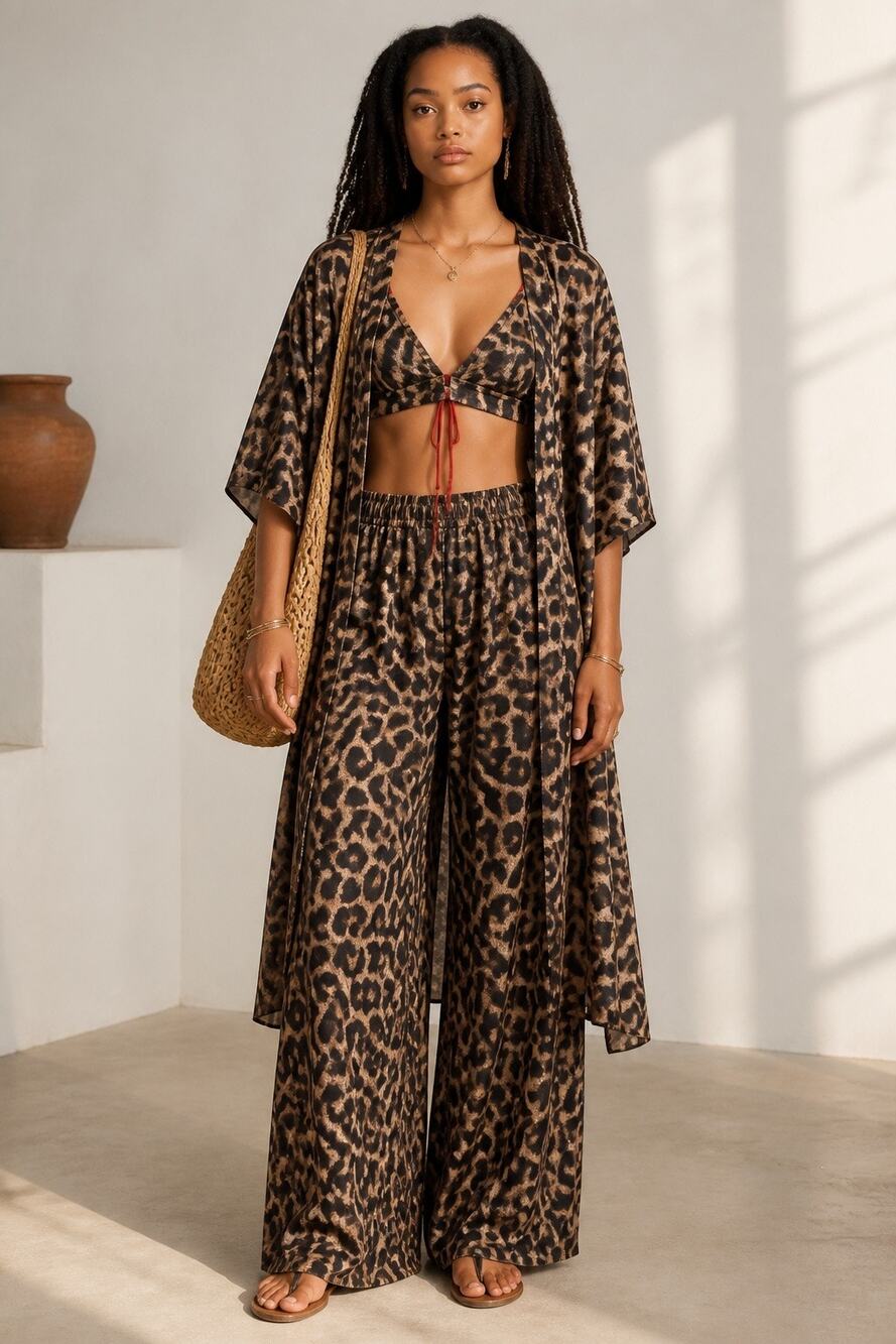 Vacation Leopard Print Kimono Cardigan & Wide-Leg Pants Lounge Resort Set L/XL